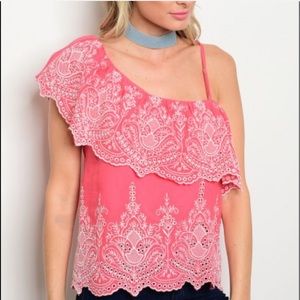 Embroidered one shoulder Top- Coral Color